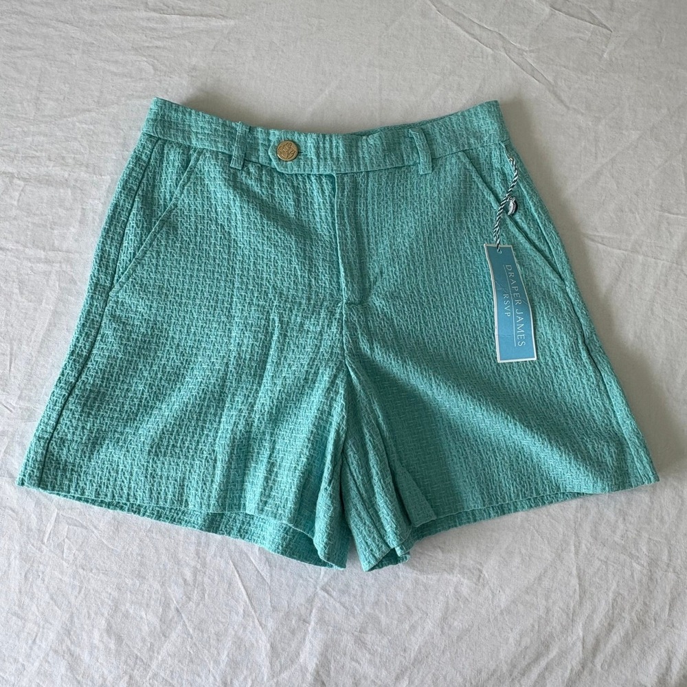 Draper James RSVP Basket Weave Shorts Turquoise Blue Gold Button KD5001BJW Sz 4